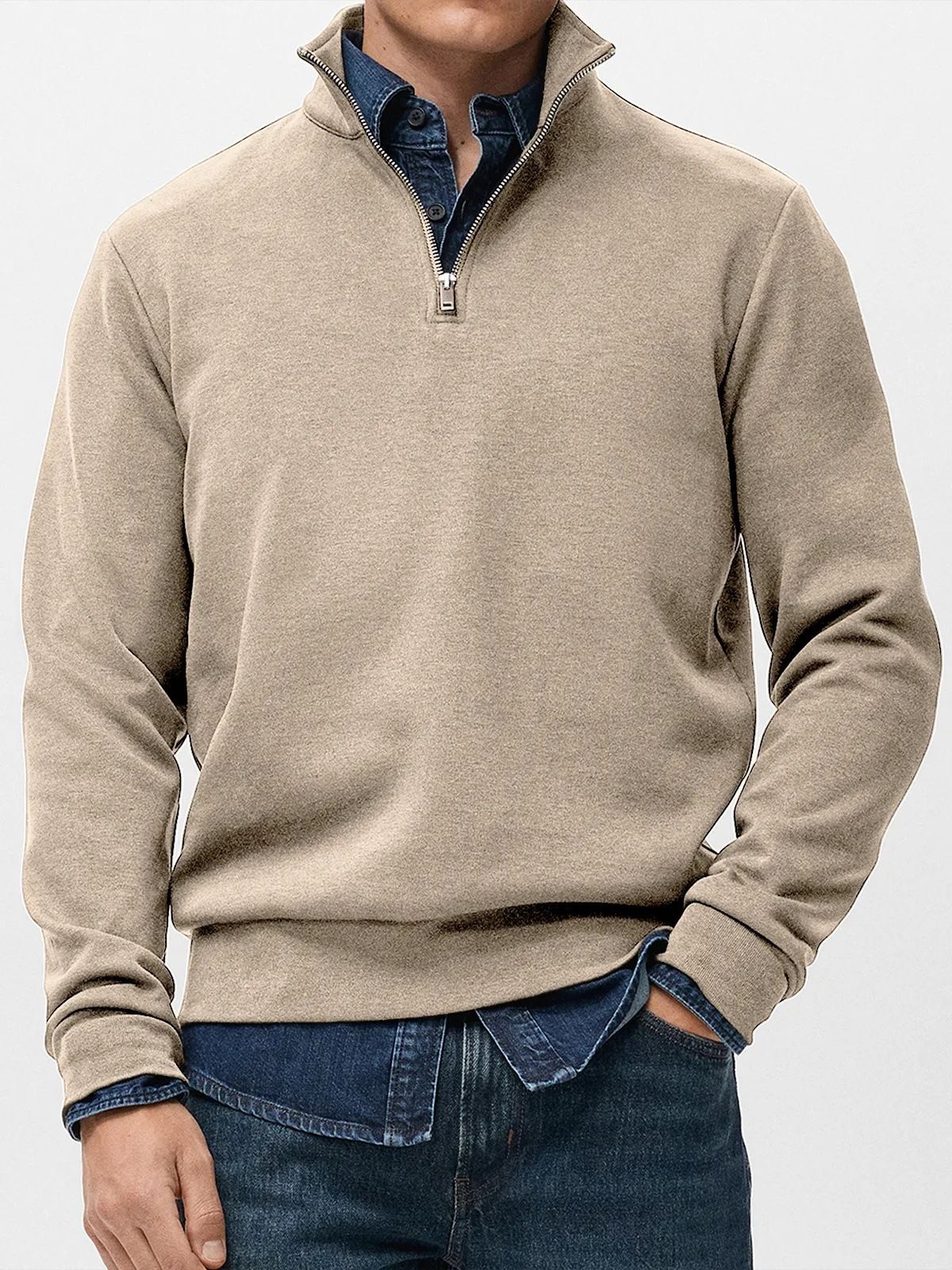 "Men's Half-Zip Stand Collar Sweatshirt – Versatile Casual Pullover, Long Sleeve Crewneck With Stylish Contrast Trim (S-5XL)"_viptrois.com