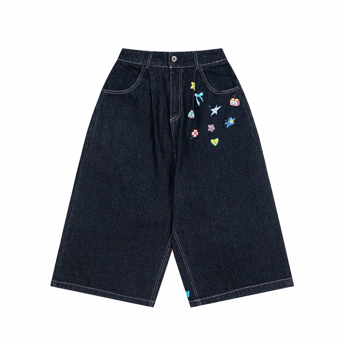 2025 High Street Style Niche Fun Printed Unisex Casual Denim Mid-Length Shorts_viptrois.com