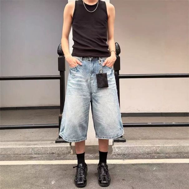 Vintage Washed Denim Shorts Retro Streetwear Summer Cuffed Wide-Leg Capris for Men And Women Distressed_viptrois.com