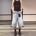 Vintage Washed Denim Shorts Retro Streetwear Summer Cuffed Wide-Leg Capris for Men And Women Distressed_viptrois.com