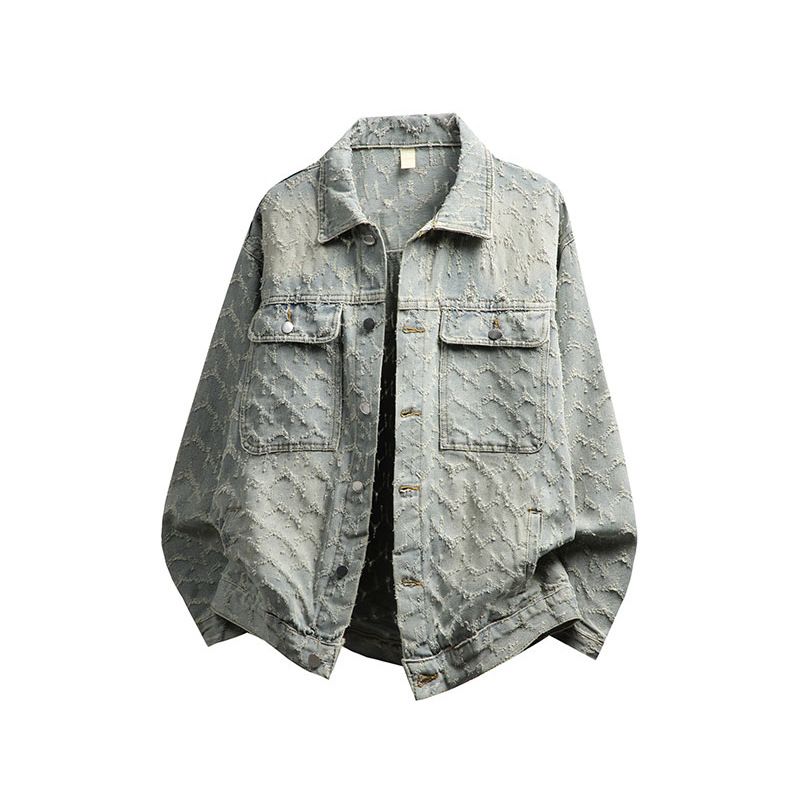 ACU Vintage Washed Denim Jacket – Distressed American Retro Workwear Coat With Hand-Ripped Details, Oversized Streetwear Spring/Fall Jacket_viptrois.com