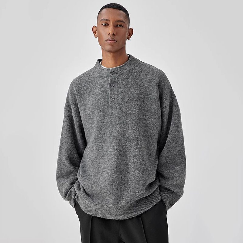 Autumn And Winter New Round Neck Henley Collar Sweater Men's High End Solid Color Base Knitted Sweater Jacket_viptrois.com