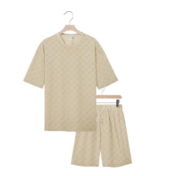 Men's Clothing Summer Men's Two Piece Set Heavyweight Plus Size Loose Fit Simple Jacquard Short Sleeve Crew Neck High Street Style Design_viptrois.com