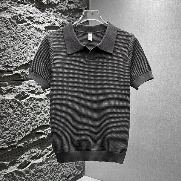 Men's Clothing New Men's Short Sleeved Knitted Sweater Summer Texture Lapel Polo Shirt Casual Solid Color Tops For Men_viptrois.com
