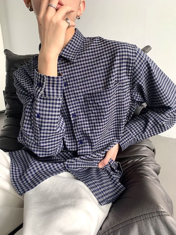Men's Clothing American Retro Blue Plaid Long Sleeved Shirt For Men, Spring And Autumn, Korean Style, Loose Fit, High End Casual Plaid Shirt Jacket_viptrois.com