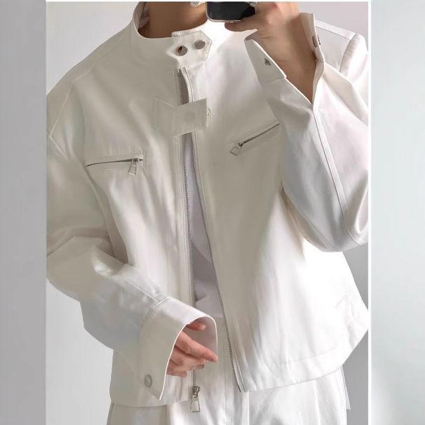 Spring and Autumn new high-end retro zipper stand up collar airplane jacket men's loose short shoulder padded jacket_viptrois.com