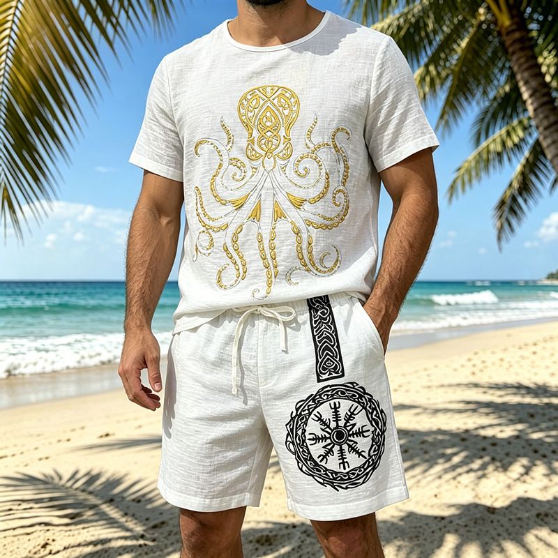 Men's Bamboo Linen Suit Viking Style Print Casual Crew Neck Short Sleeved Shirt And Shorts Summer Fashion_viptrois.com