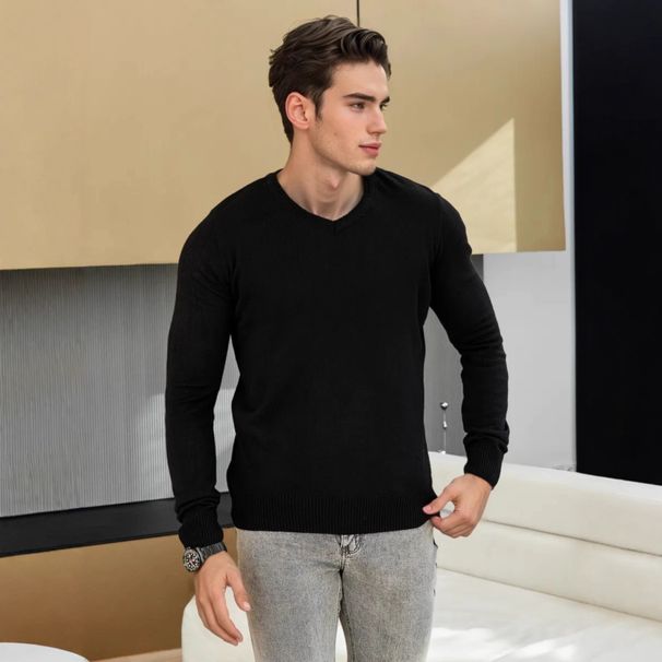 Men’s V-Neck Wool Blend Knit Sweater – Slim Fit Long Sleeve Pullover For Casual & Layering (M-4XL, White/Black)_viptrois.com
