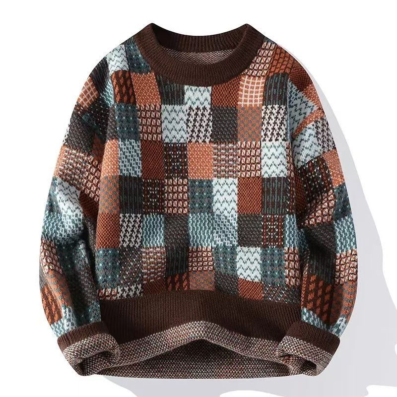 Men's Winter Knit Sweater – Thickened Acrylic Crewneck Pullover With Plaid Print (M-3XL, Navy/White/Brown, Casual & Warm)_viptrois.com