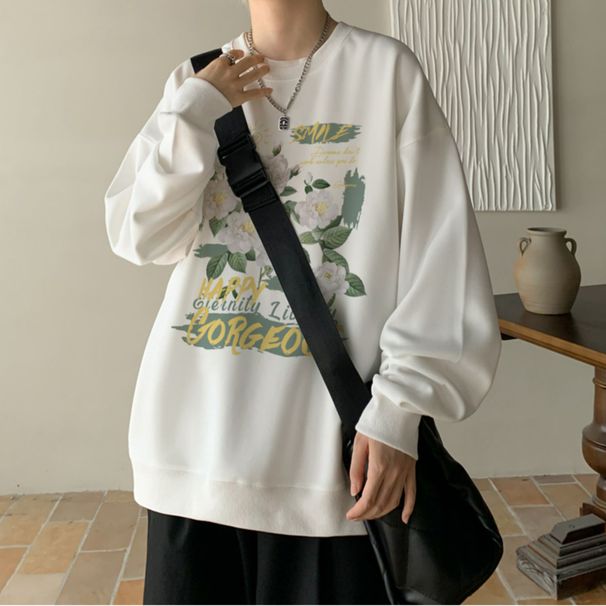 Camellia Print Hoodie Men's Retro Autumn Loose Jacket Round Neck Top_viptrois.com