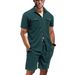 Men's Clothing New Summer Waffle Solid Color Pocket Shirt Short Sleeved Shorts Two Piece Suit_viptrois.com