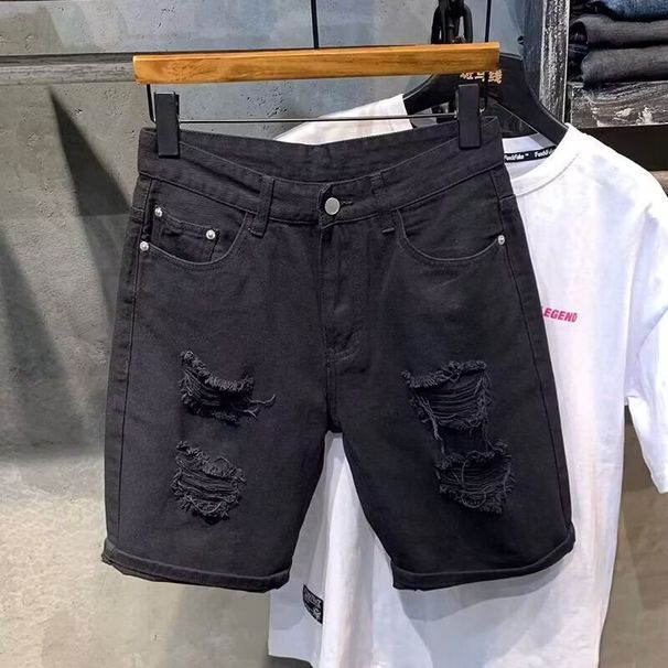 Men's Clothing Summer Black Ripped Denim Shorts Slim Elastic Five Point Breeches Trendy All Match Mid Length Pants_viptrois.com