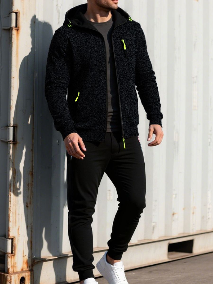 Men’s Sporty Hooded Cardigan Set – Breathable Polyester Zip-Up Jacket & Jogger Pants, Casual Gym-to-Street Outfit_viptrois.com