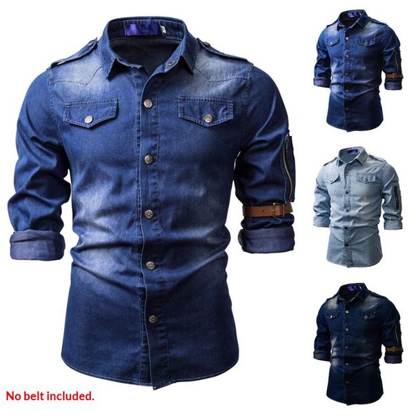 Pulse 2022 Spring And Autumn Fashion Slim Fit Multi-Pocket Washed Denim Long Sleeve Shirt Men's Clothing_viptrois.com
