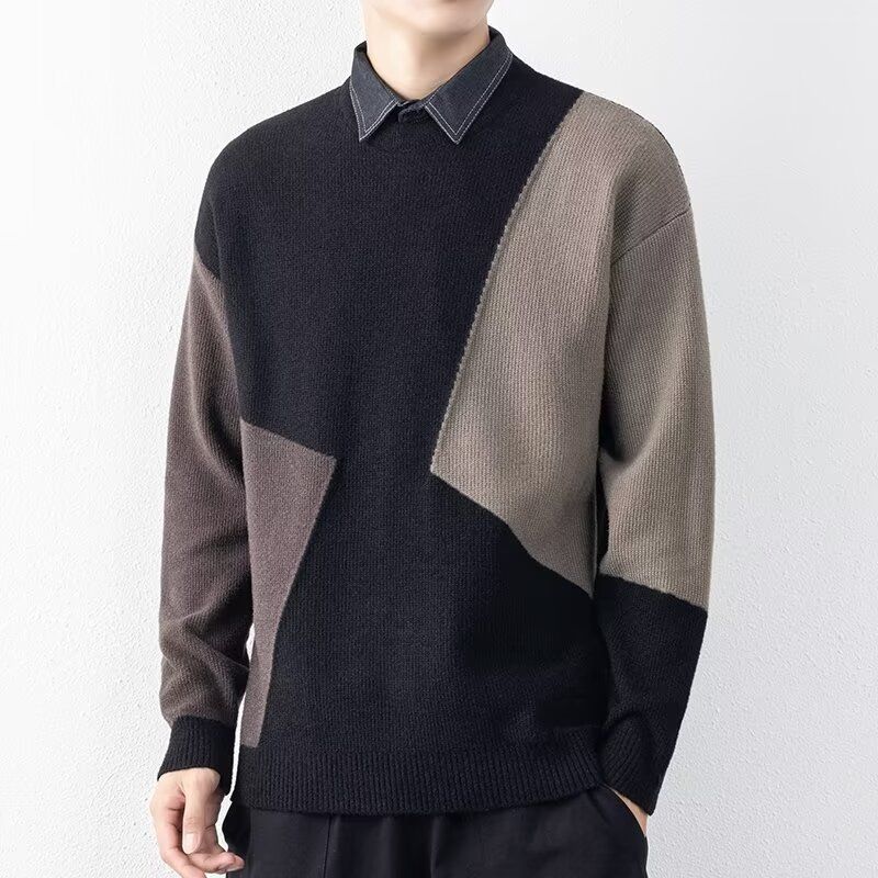Autumn/Winter Men's Sweater Casual Knitted Sweater Splicing Shirt Collar Thickened Bottom Shirt_viptrois.com