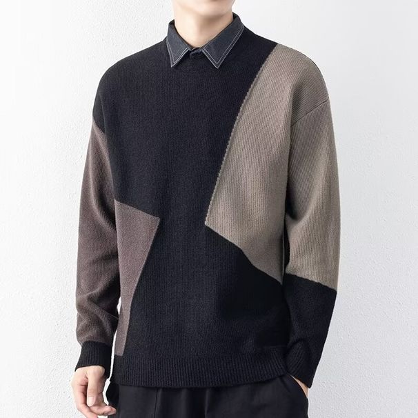 Autumn/Winter Men's Sweater Casual Knitted Sweater Splicing Shirt Collar Thickened Bottom Shirt_viptrois.com