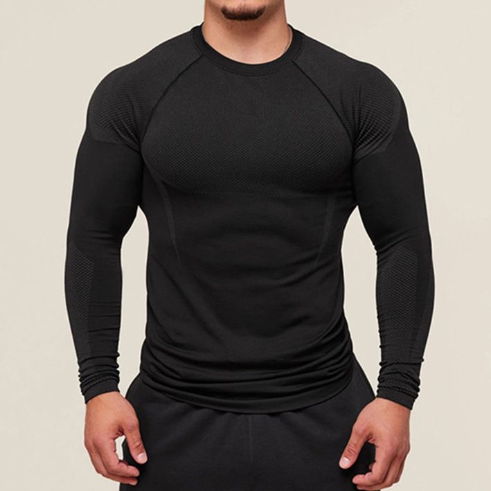 Men's Quick-Dry Compression Long Sleeve T-Shirt – Breathable Gym Workout Top With Print Design (Black/Color Block, S-XXL)_viptrois.com