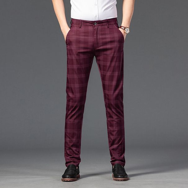 Men's Clothing Pants Men Casual Pants Men Plaid Elastic Slim Business Straight Pants Youth Fashion Trend Men Pants_viptrois.com