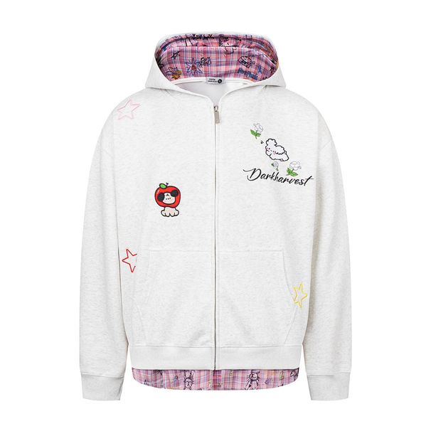 Two-Piece Plaid Patchwork Hooded Cardigan Sweatshirt Men's Vibe Trendy Design Frayed Edge Embroidery Loose Jacket_viptrois.com