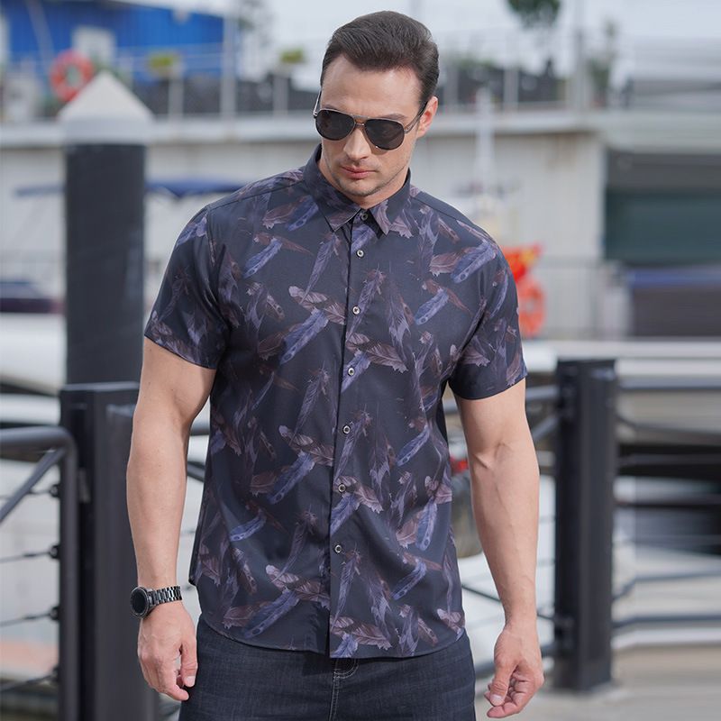 Men's Clothing Plus Size Printed Stretch Shirt Summer Fat Guy Thin Short Sleeved Shirt Loose Casual Trend_viptrois.com