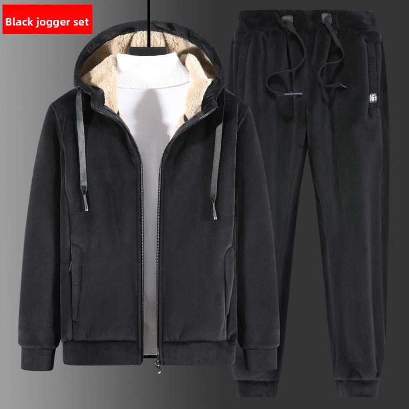 Main Push Plus Thermal Suit Men's Silver Fox Fleece Hooded Sweater Lamb Fleece Sweatpants Casual Two-piece Set_viptrois.com