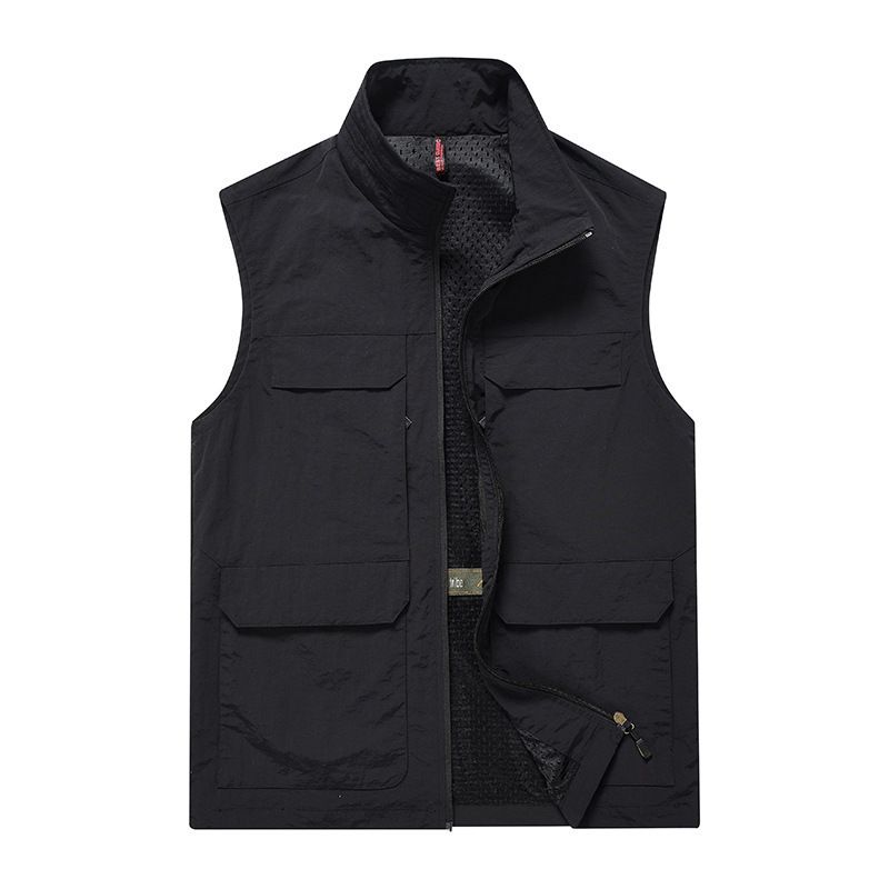 Men's Stand Collar Vest – Quick-Dry, Multi-Pocket Design, Plus Size, Solid Colors For Casual & Outdoor Wear_viptrois.com