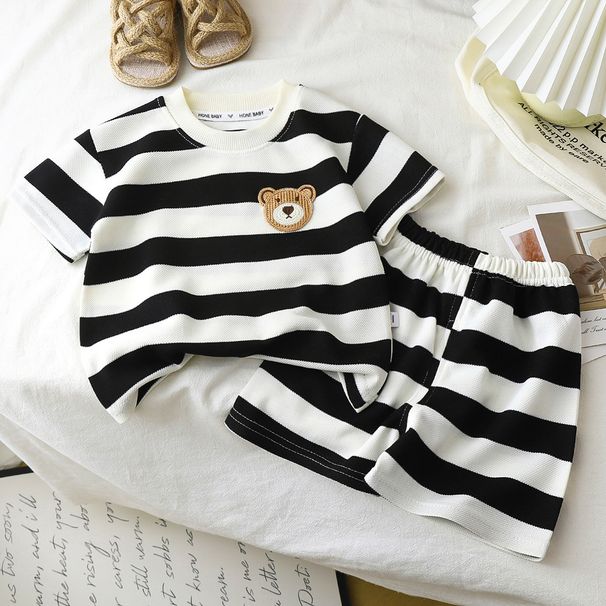 Children's Short Sleeved Suit Black And White Striped Boy's T Shirt Baby Summer Children's Clothing Girl's Shorts Baby Clothes New Style_viptrois.com