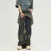 Men's Clothing Five Pointed Star Design Jeans For Men, American Retro Big Pockets, Raw Edges, Distressed Washed High Street Workwear Wide Leg Trousers_viptrois.com