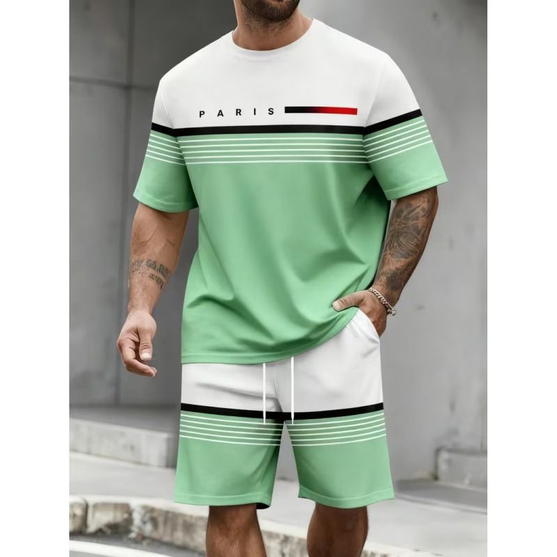 Men's Summer Letter Print Sportswear Set Casual Short Sleeve T-Shirt And Shorts Two-Piece Outfit Breathable Polyester Fabric_viptrois.com