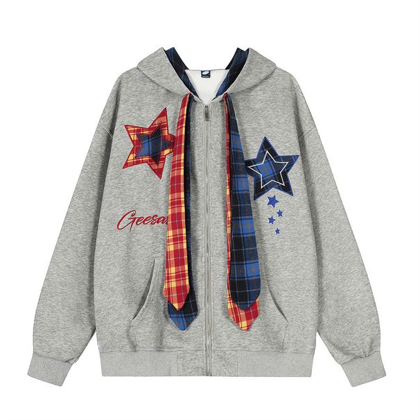 Five-Pointed Star Patch Embroidery Patchwork Plaid Hooded Cardigan Sweatshirt Trendy Brand Men's Clothing Lace-Up Design_viptrois.com