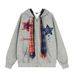 Five-Pointed Star Patch Embroidery Patchwork Plaid Hooded Cardigan Sweatshirt Trendy Brand Men's Clothing Lace-Up Design_viptrois.com