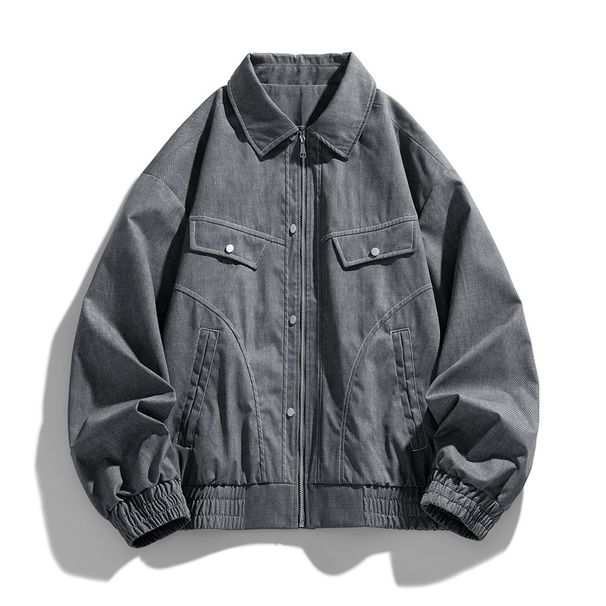 Men's Workwear Jacket – Oversized Denim-Like Polyester Coat With Notched Collar (Black/Grey/Khaki, M-8xl)_viptrois.com