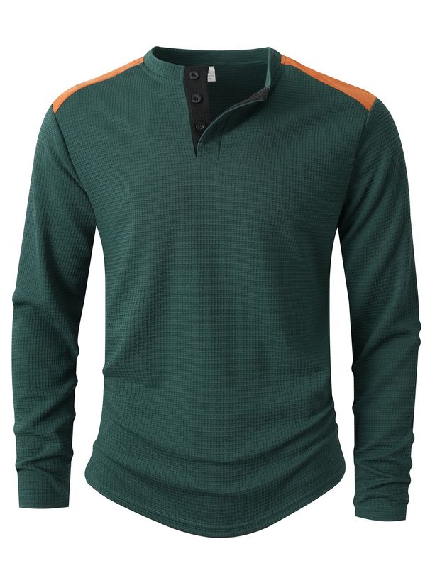 Men's Waffle-Knit Henley Long Sleeve Shirt - Retro High Neck Button-Up Casual Top (S-XXXL, 4 Colors)_viptrois.com