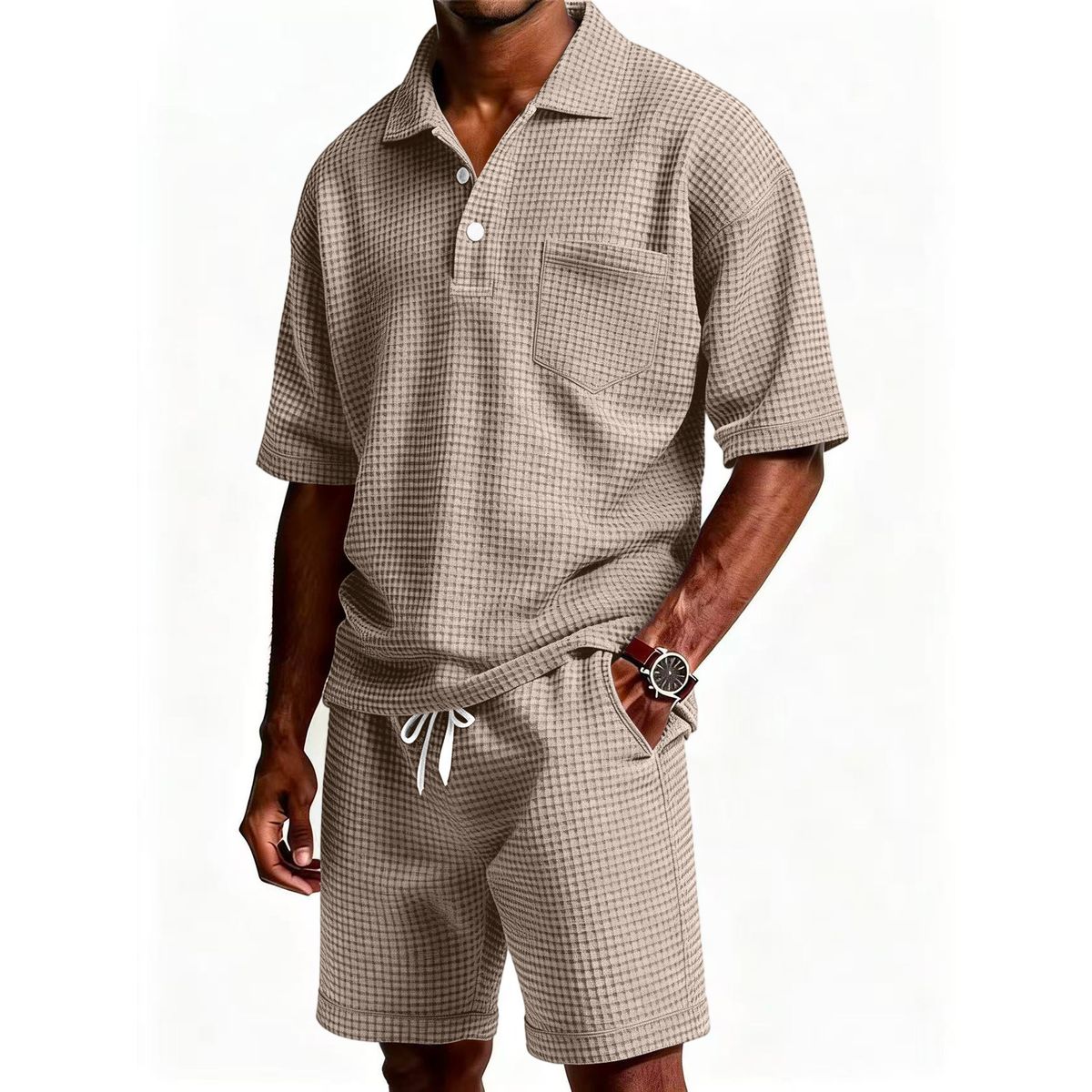 Men's Casual Short Sleeve Shirt And Shorts Set Solid Color Turn down Collar Beach Suit Summer New Hot Selling_viptrois.com