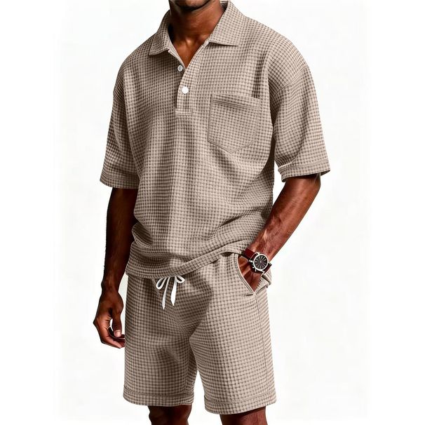 Men's Casual Short Sleeve Shirt And Shorts Set Solid Color Turn down Collar Beach Suit Summer New Hot Selling_viptrois.com