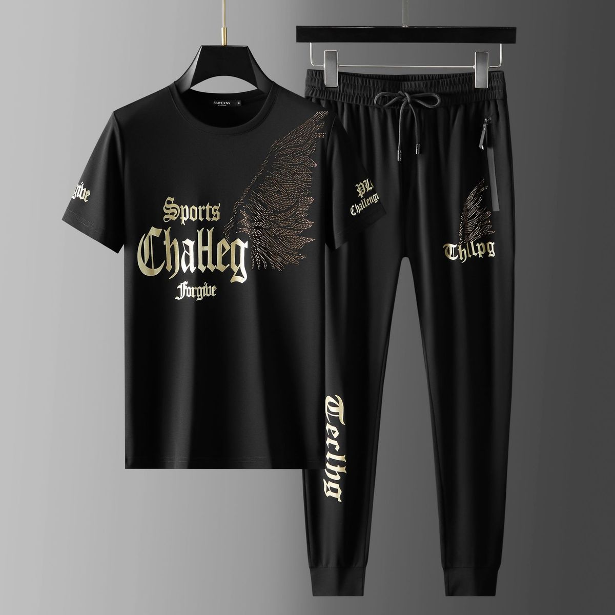 Men's Clothing station light luxury high-end light luxury brand men's summer printed hot diamond short-sleeved T-shirt trousers casual suit_viptrois.com