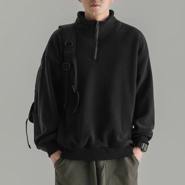 Japanese Retro Half-Zip Stand Collar Sweatshirt Men 2024 Spring Autumn New Fashion Trend Solid Color Casual Jacket Top_viptrois.com