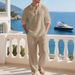Linen Men's Casual Loose Fitting Two Piece Set Spring Autumn Simple Polo Shirt And Pants_viptrois.com
