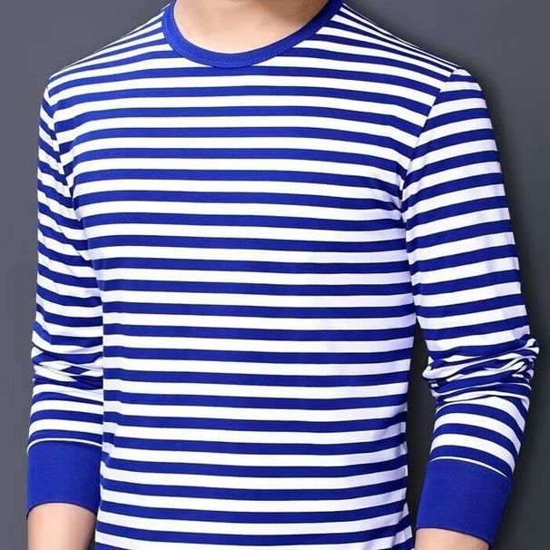 Long-sleeved Men's T-shirt Loose Retro Versatile Spring Autumn Clothes Blue White Striped Cotton Sailor Suit_viptrois.com