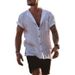 Men's Clothing Solid Color Cotton And Linen Cardigan Loose Short Sleeved Pocket Simple Casual Shirt_viptrois.com