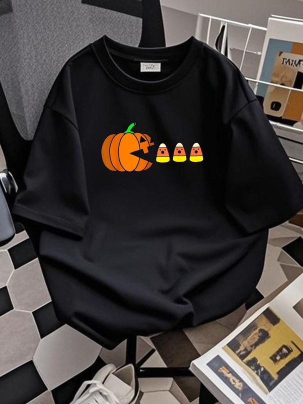 Funny Halloween Pumpkin Eating Candy Corn Gamer Men T-Shirt Unisex Versatile Graphic Women Print Round Neck Short Sleeve Comfortable Fashion Stylish Women Top Graphic Tees Soft Casual Stretched Summer Slightly Breathable Designer Clothes_viptrois.com