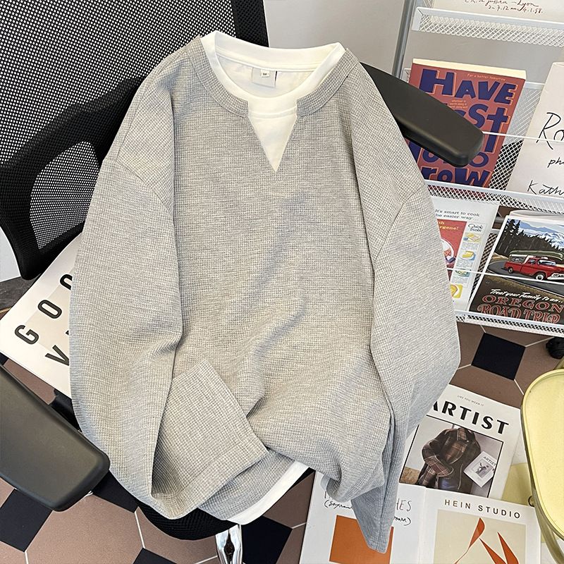 Men's Waffle Knit Long Sleeve T-Shirt - Cleanfit Vintage Style Oversized Casual Top For Spring & Autumn_viptrois.com