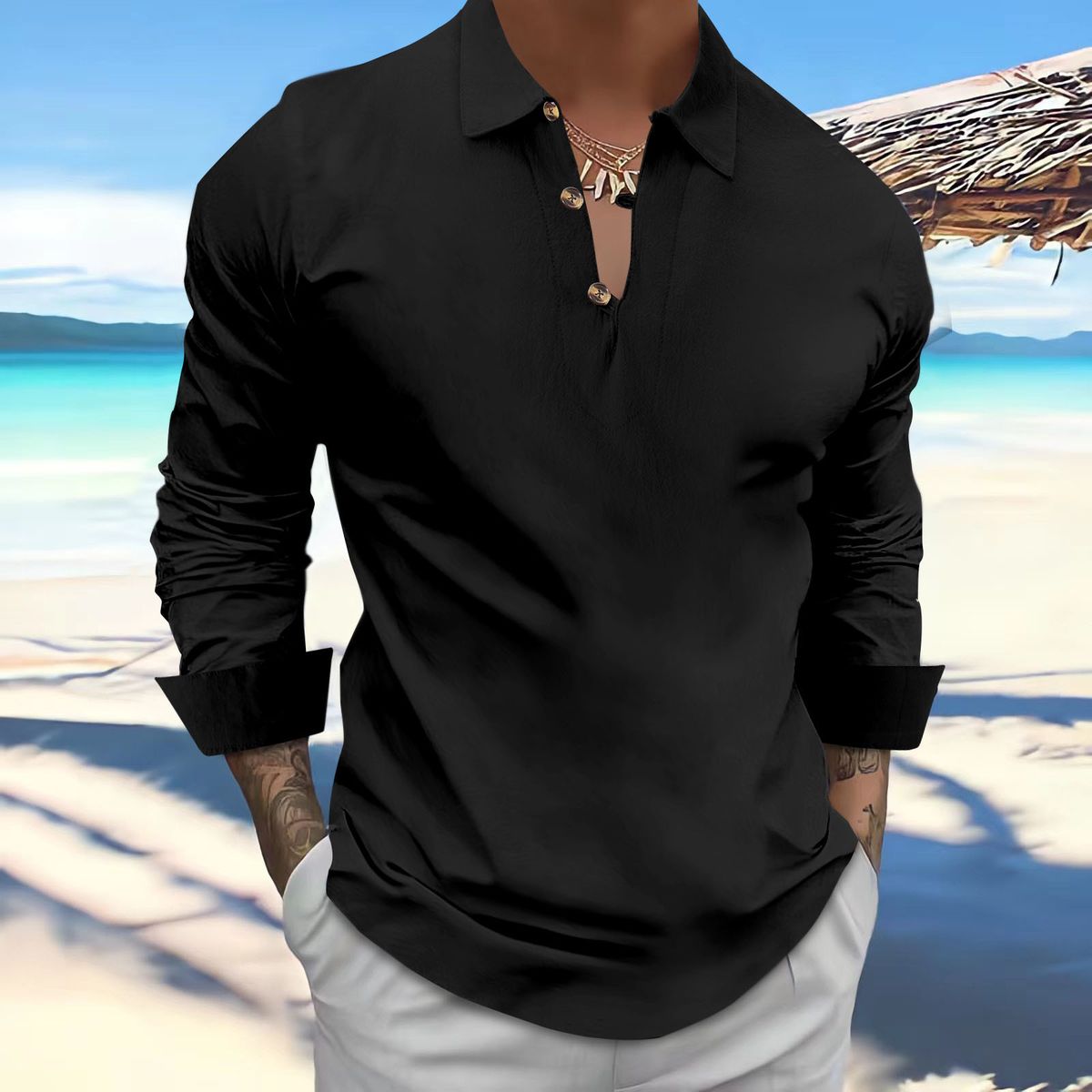Men's Clothing Long Sleeve Cotton And Linen Lapel Button Casual Shirt_viptrois.com