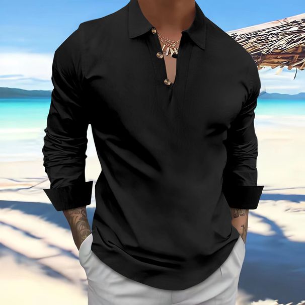 Men's Clothing Long Sleeve Cotton And Linen Lapel Button Casual Shirt_viptrois.com