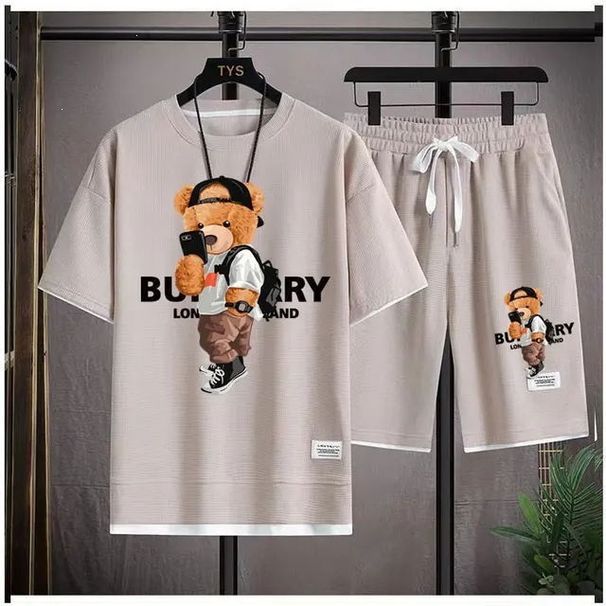 Men's Clothing Hip Hop Summer Street Style Men's Waffle Suit Cool Bear Pattern Luxury T-Shirt And Shorts Set_viptrois.com