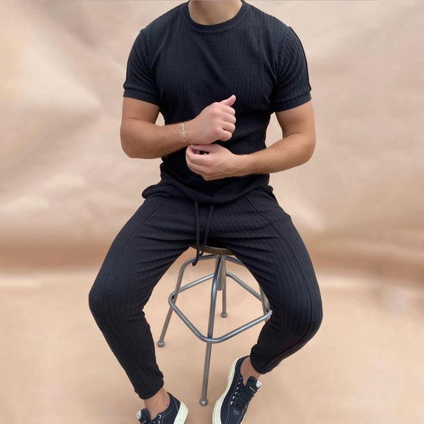 Man's Clothing Slim-fit Round Neck Pullover Short Sleeved Trousers Two-piece Casual Solid Color Sports Suit_viptrois.com