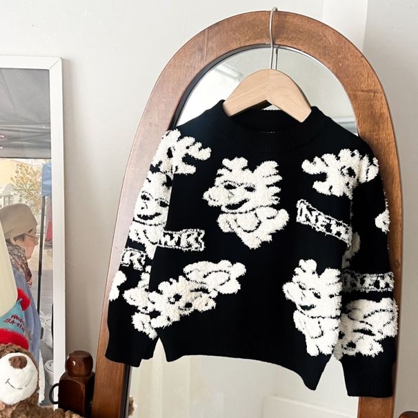Mother & Kids Spring And Autumn New 2025 Men's Sweater Knitted Sweater Korean Style Round Neck Dragon Pullover_viptrois.com