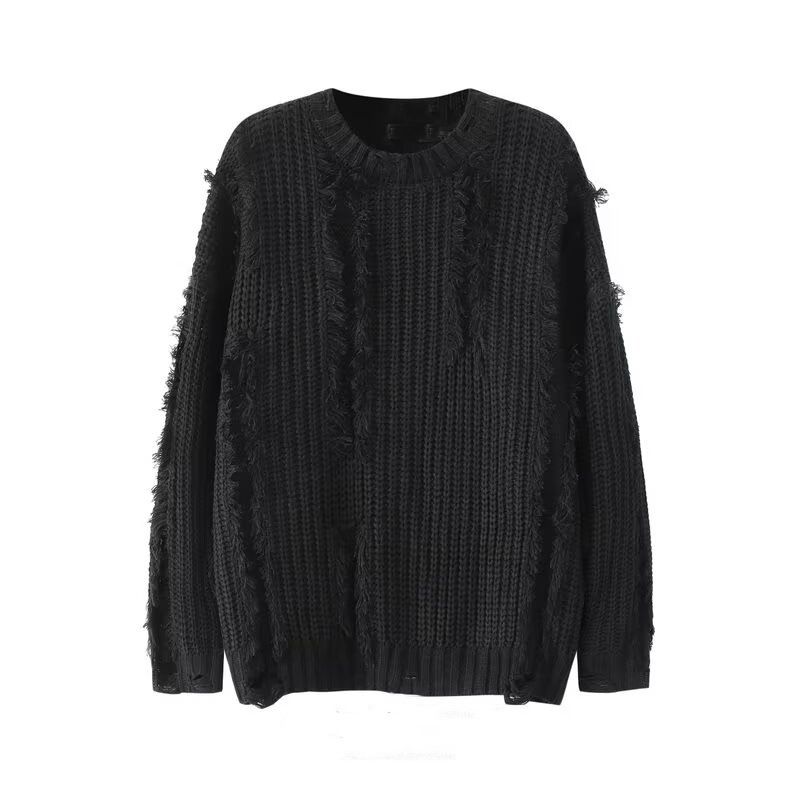 Men's Distressed Fringe Cable Knit Sweater - Oversized Loose Fit High Street Casual Pullover For Winter_viptrois.com