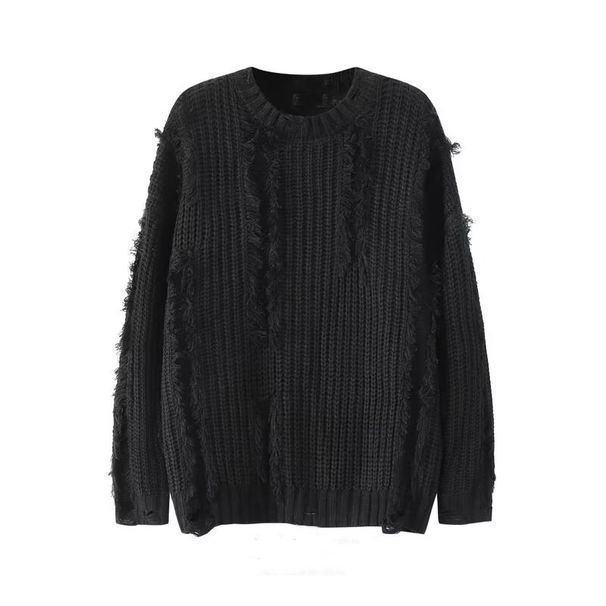 Men's Distressed Fringe Cable Knit Sweater - Oversized Loose Fit High Street Casual Pullover For Winter_viptrois.com