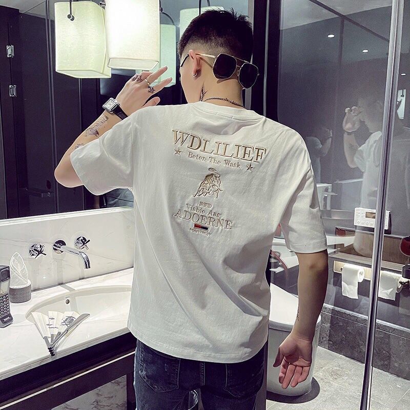 Simple And Versatile Short-sleeved T-shirt Men's Summer Korean Version Trendy Embroidery Trendy Brand Half-sleeved Top Couple Ins T-shirt Top_viptrois.com
